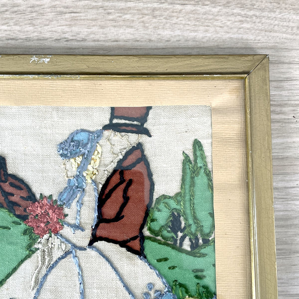 Framed hand embroidered cottage scenes - a pair - vintage 1930s framed stitchery - NextStage Vintage