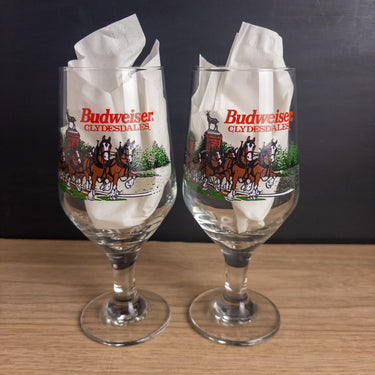 Budweiser Clydesdales Glasses - Vintage 1991 Stemmed Beer Goblets
