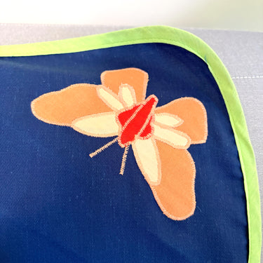 Vintage 1970s Royal Blue Butterfly Appliqué Tablecloth Lime Green Trim - Retro Kitchen - NextStage Vintage