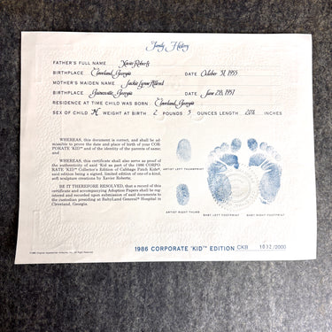 Cabbage Patch Corporate Kid Justin Alvin Adoption Papers - July 17, 1986 - Xavier Roberts - NextStage Vintage