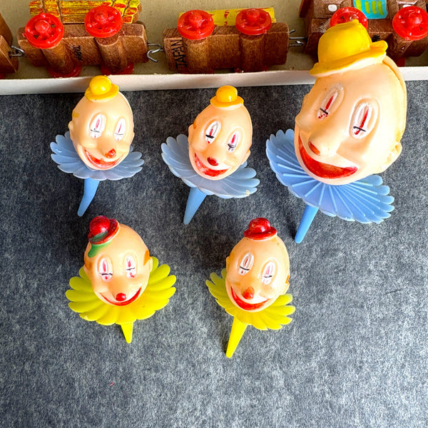 Vintage Cake decorating lot - picks toppers - clown birds trains deer - 17 pieces