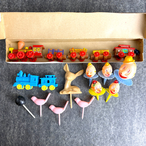 Vintage Cake decorating lot - picks toppers - clown birds trains deer - 17 pieces