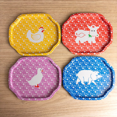 Country Calico Farm Animal Litho Printed Tin Snack Tray Set of 4 - 1980s Vintage