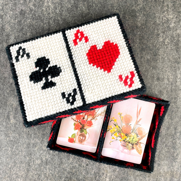 Needlepoint playing card box with 2 new decks of cards - 1980s vintage - NextStage Vintage