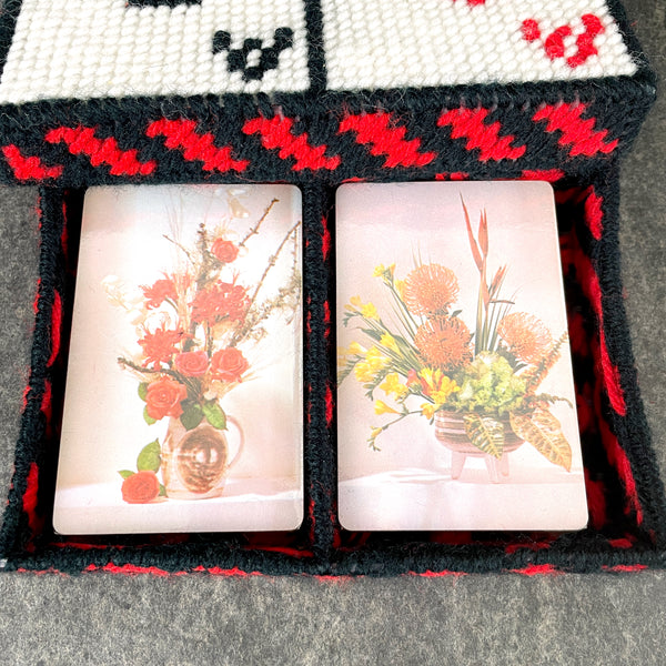 Needlepoint playing card box with 2 new decks of cards - 1980s vintage - NextStage Vintage