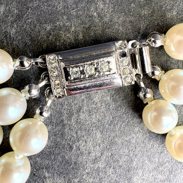 Vintage Carolee Triple Strand Simulated Pearl Necklace Rhinestone Clasp - 16" - NextStage Vintage