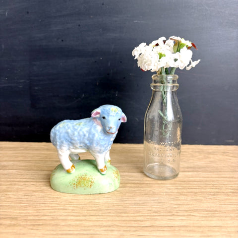 Ceramic blue sheep on grassy knoll - vintage animal figurine - made in Japan