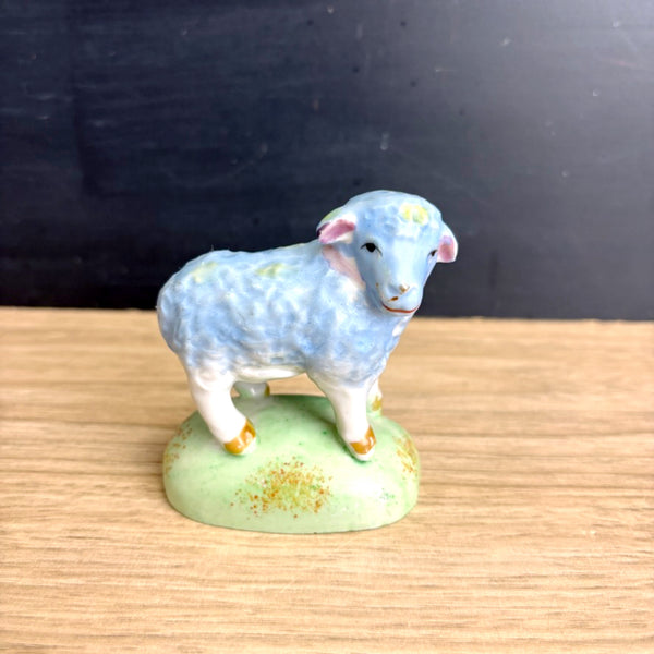 Ceramic blue sheep on grassy knoll - vintage animal figurine - made in Japan