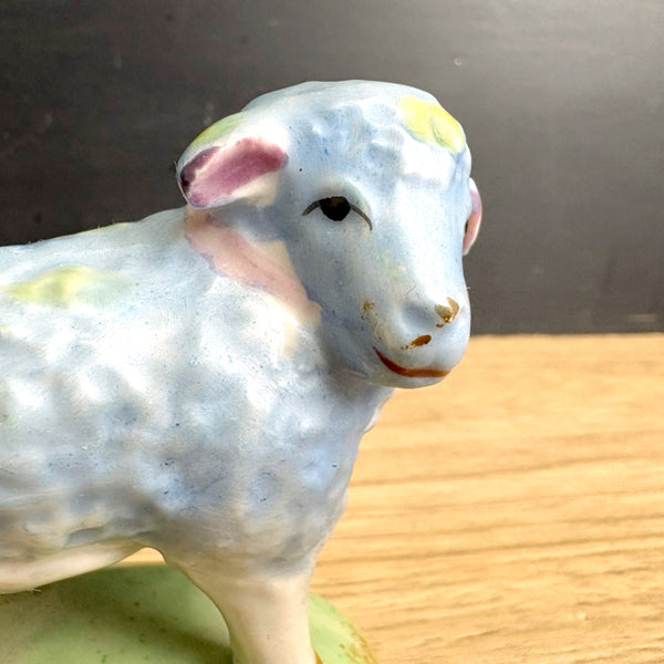 Ceramic blue sheep on grassy knoll - vintage animal figurine - made in Japan