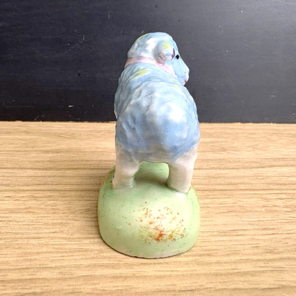 Ceramic blue sheep on grassy knoll - vintage animal figurine - made in Japan