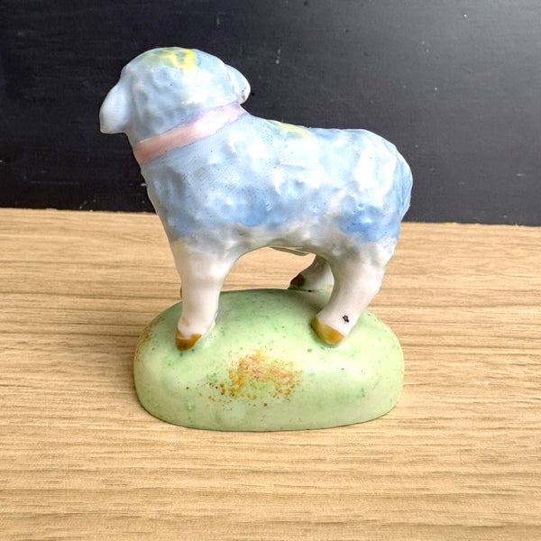 Ceramic blue sheep on grassy knoll - vintage animal figurine - made in Japan