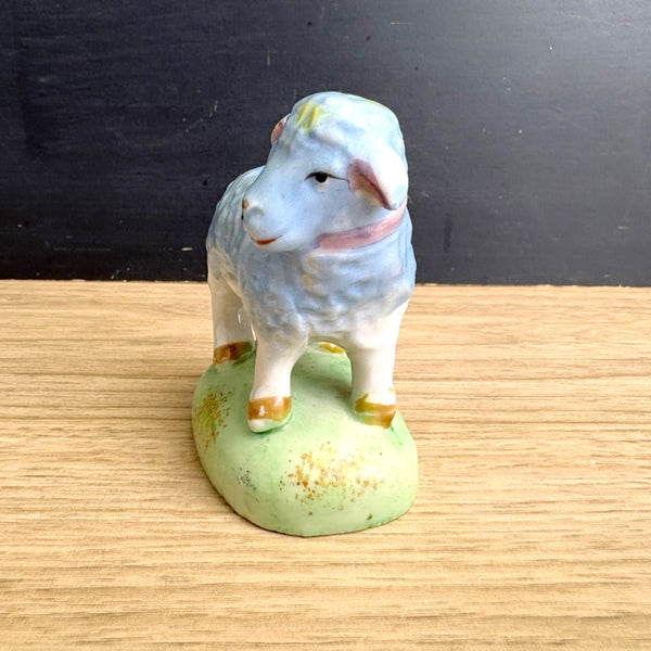 Ceramic blue sheep on grassy knoll - vintage animal figurine - made in Japan