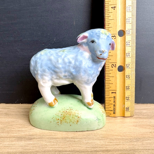 Ceramic blue sheep on grassy knoll - vintage animal figurine - made in Japan