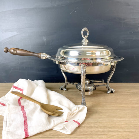 Claw footed vintage chafing dish with burner - vintage silverplate server