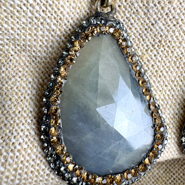 Sterling Silver Gray Chalcedony Dangle Earrings - Teardrop with Pavé Halo - NextStage Vintage