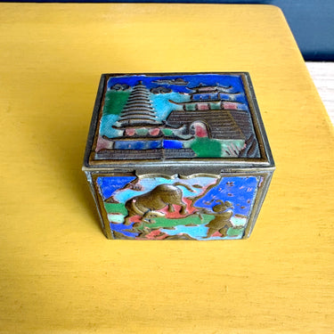 Antique Chinese Brass Enamel Stamp Box - Circa 1900-1915 - Hinged Lid - Blue Green Landscape Figural Scene - Impressed China Mark - Edwardian Era Desktop Accessory - NextStage Vintage
