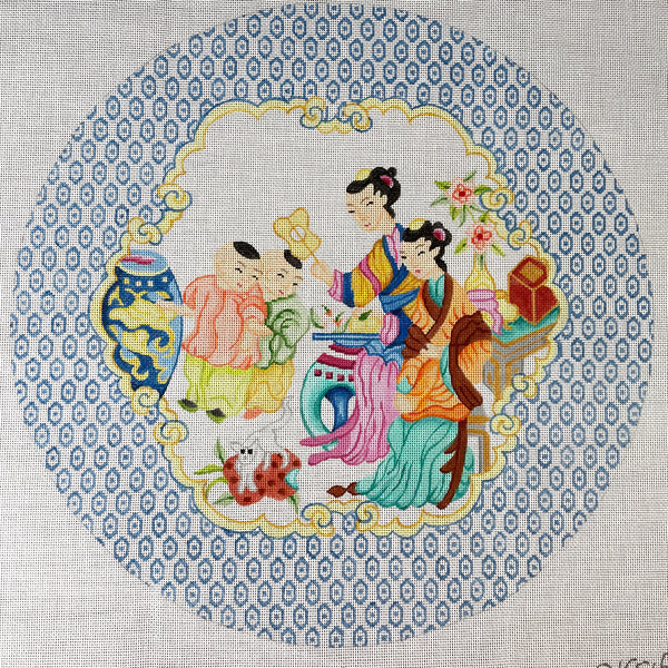 Kate Dickerson Chinese Family Large Round 2 needlepoint canvas - NextStage Vintage