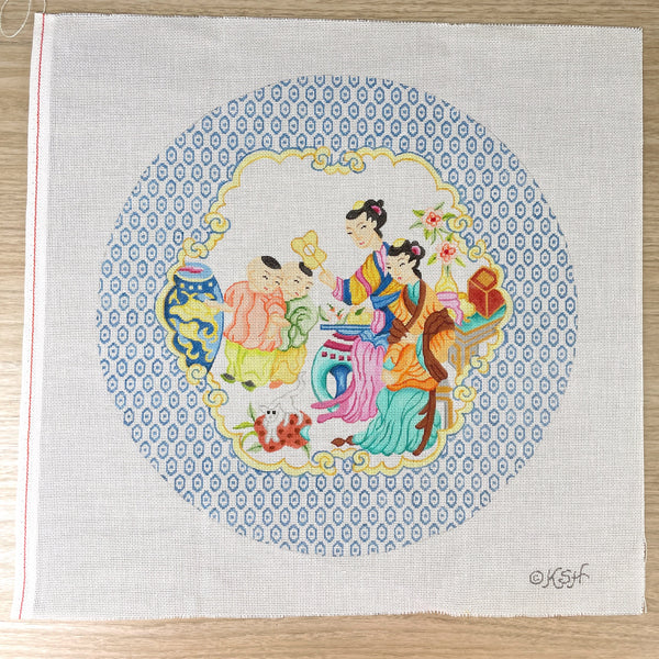 Kate Dickerson Chinese Family Large Round 2 needlepoint canvas - NextStage Vintage