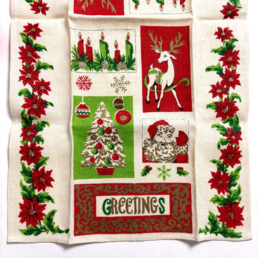 Vintage 1960s linen Christmas tea towel - unused - Greetings, Santa, reindeer, trees - NextStage Vintage