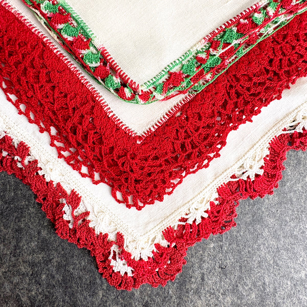 Christmas hankies lot of 6 - 1950s vintage - madeira, crochet, print