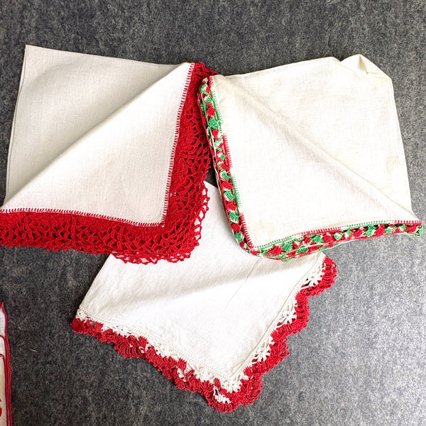 Christmas hankies lot of 6 - 1950s vintage - madeira, crochet, print