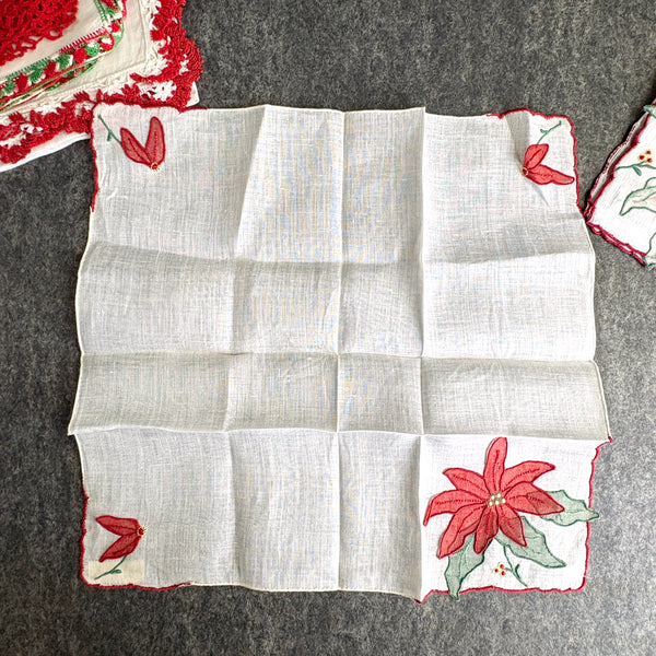 Christmas hankies lot of 6 - 1950s vintage - madeira, crochet, print