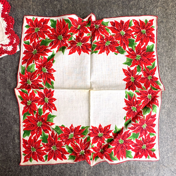 Christmas hankies lot of 6 - 1950s vintage - madeira, crochet, print
