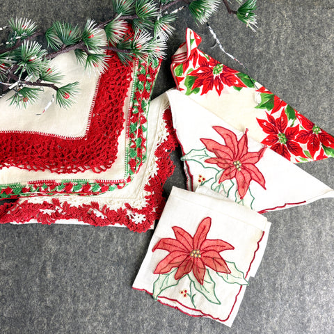 Christmas hankies lot of 6 - 1950s vintage - madeira, crochet, print