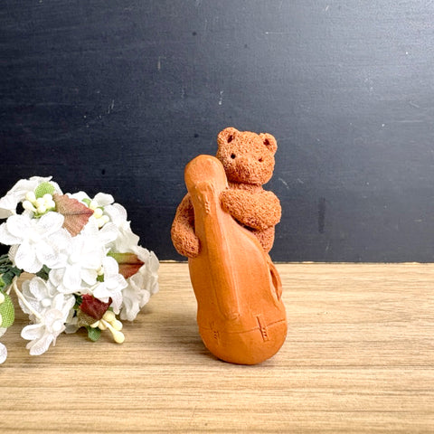 Polymer clay bear playing an upright bass - vintage musical animal figurine