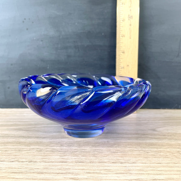 Encased cobalt blue and clear blown glass dish -  vintage art glass - NextStage Vintage