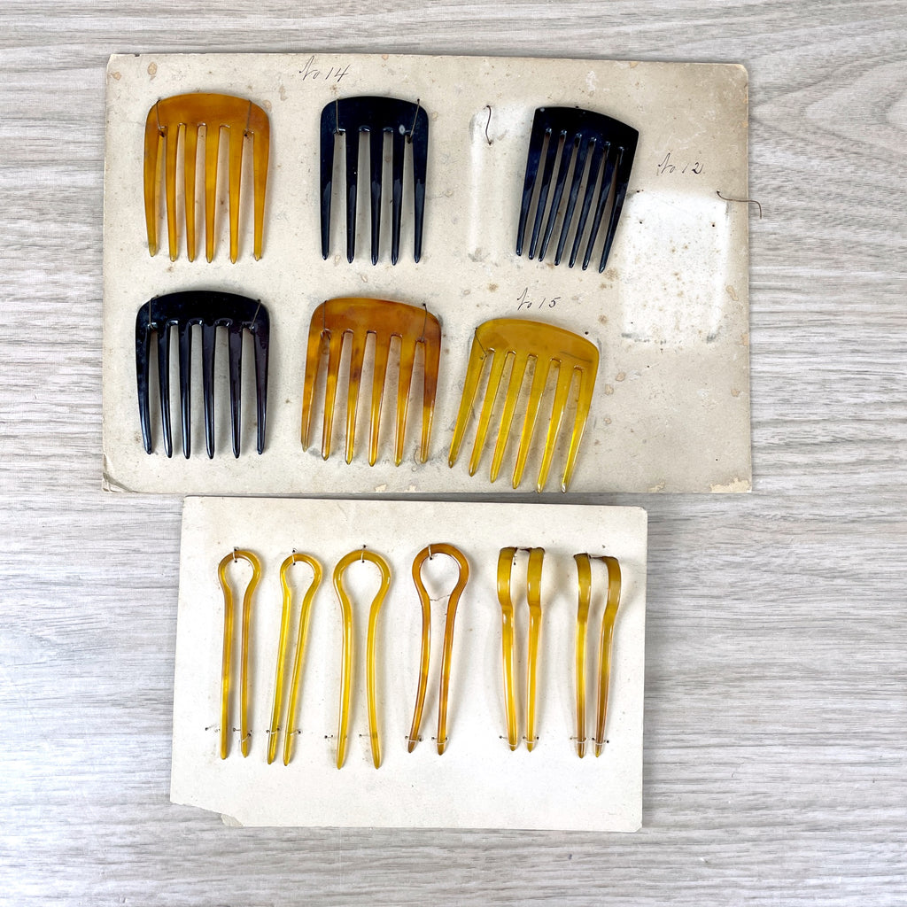 Celluloid hair combs and hairpins on store display - 1940s vintage - NextStage Vintage