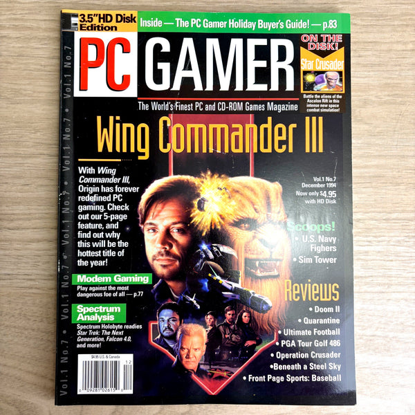 PC Gamer magazine cover featuring Wing Commander III on a wooden surface