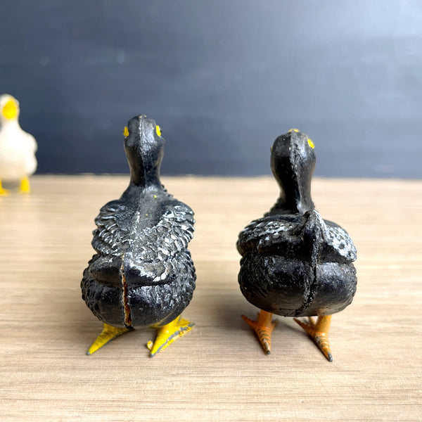 Compostion putz ducks and rooster with metal feet - possibly German