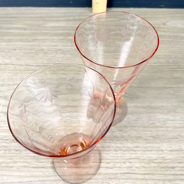 Pink glass cone tumblers with engraved floral pattern - a pair - vintage elegant glassware - NextStage Vintage