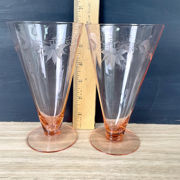 Pink glass cone tumblers with engraved floral pattern - a pair - vintage elegant glassware - NextStage Vintage