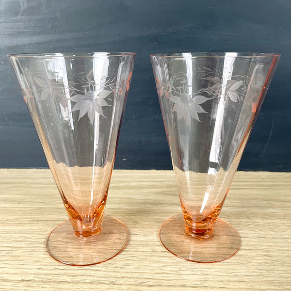 Pink glass cone tumblers with engraved floral pattern - a pair - vintage elegant glassware - NextStage Vintage