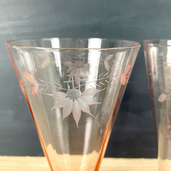 Pink glass cone tumblers with engraved floral pattern - a pair - vintage elegant glassware - NextStage Vintage