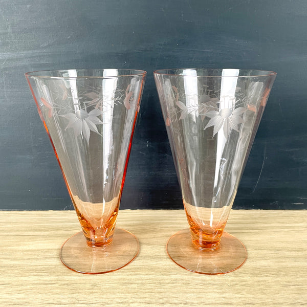 Pink glass cone tumblers with engraved floral pattern - a pair - vintage elegant glassware - NextStage Vintage