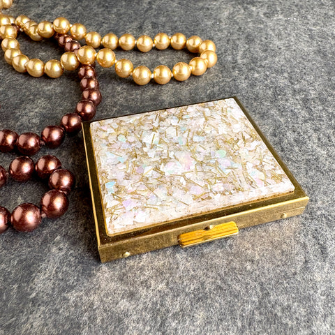 Confetti iridescent glitter/lucite mirrored compact - vintage makeup case