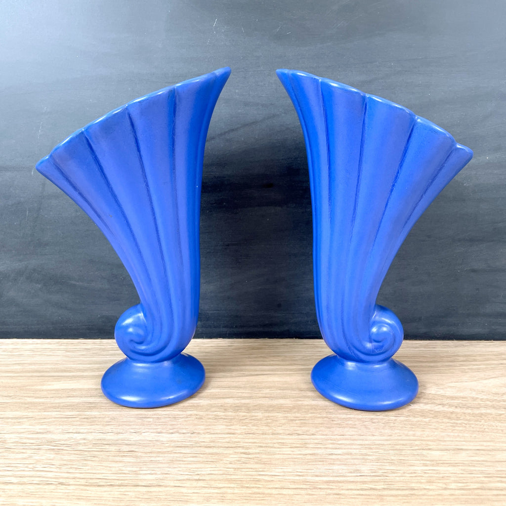 Blue cornucopia vases - a pair - 1940s vintage - NextStage Vintage