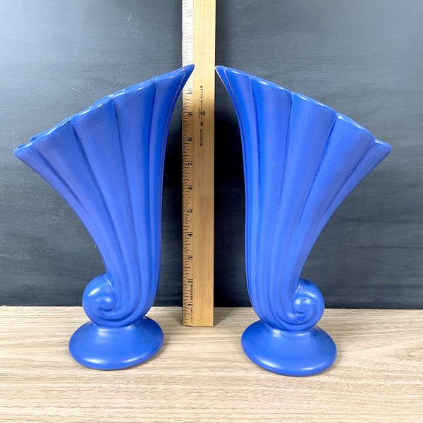 Blue cornucopia vases - a pair - 1940s vintage - NextStage Vintage