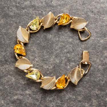 Vintage Coro Leaf Bracelet - Gold Tone Ribbed Leaves, Amber and Pale Green Rhinestones - Fall Autumn Jewelry