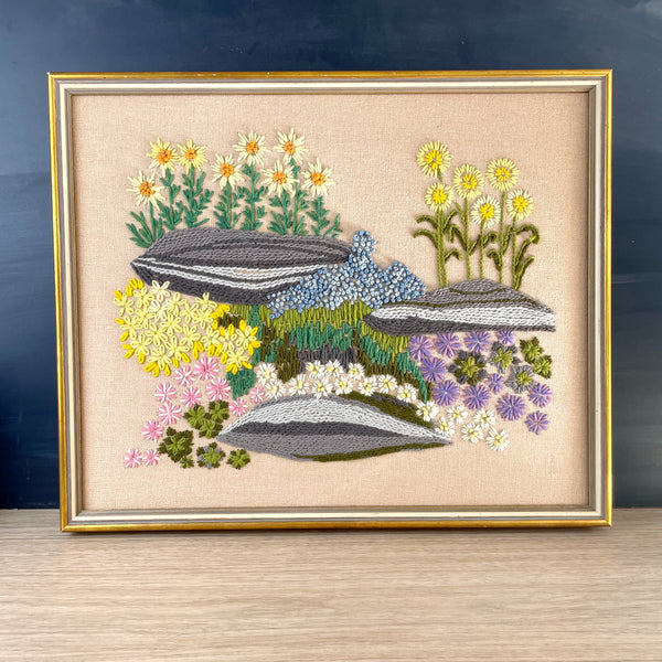 Floral crewel embroidery art - 1970s vintage - framed - NextStage Vintage