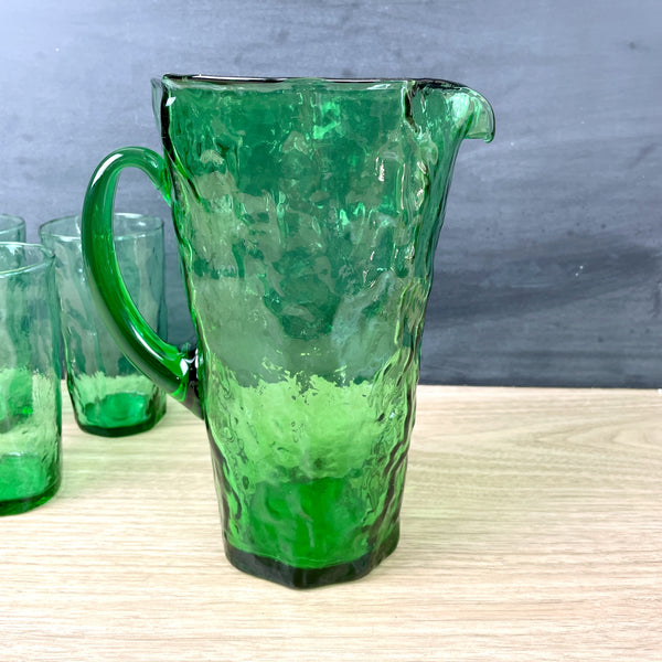 Morgantown Crinkle green pitcher and 3 iced tea glasses - vintage glassware - NextStage Vintage