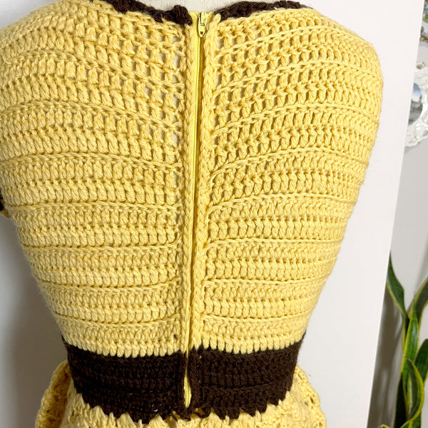 Gold and brown crocheted sleeveless mini dress - size medium - NextStage Vintage