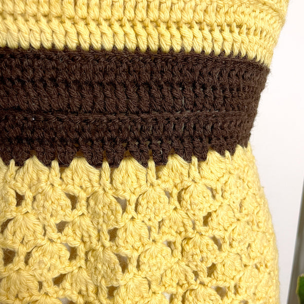 Gold and brown crocheted sleeveless mini dress - size medium - NextStage Vintage