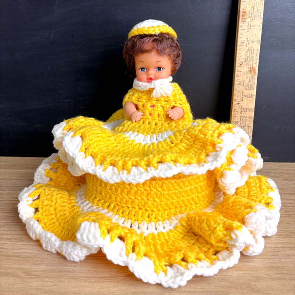 Vintage doll with secret storage - hand crocheted yellow and white dress