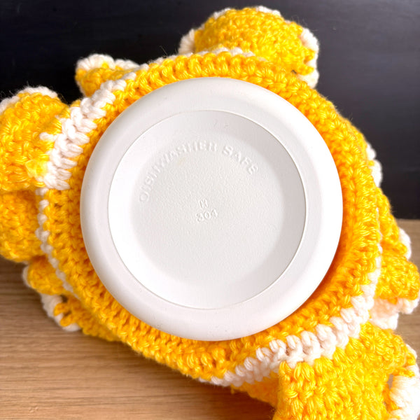 Vintage doll with secret storage - hand crocheted yellow and white dress