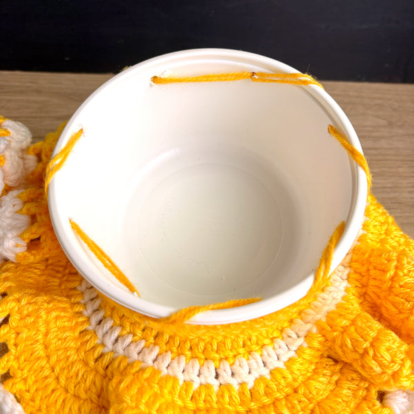 Vintage doll with secret storage - hand crocheted yellow and white dress