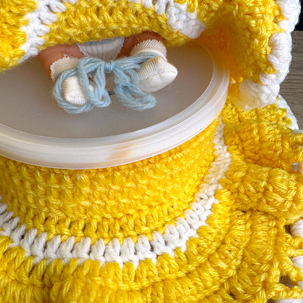 Vintage doll with secret storage - hand crocheted yellow and white dress